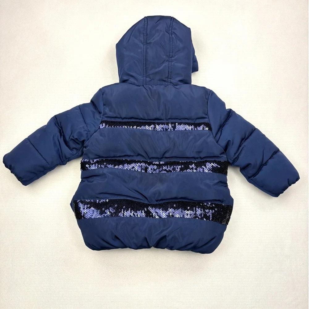 DKNY Puffer Jacket Baby Girls 12M Navy Blue Sequin Stripe Hooded Winter Coat